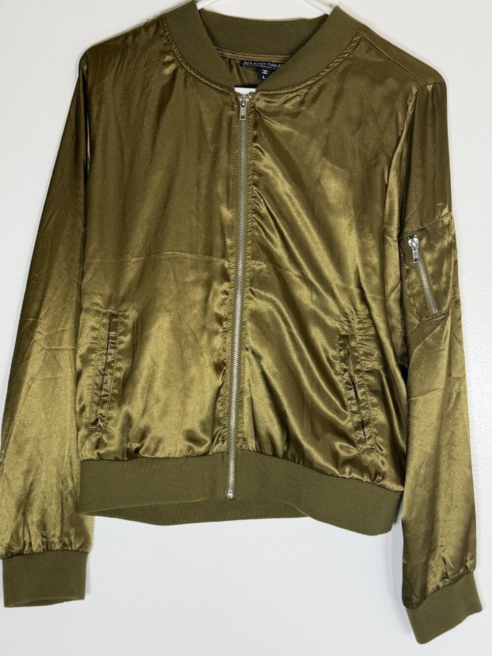 Almost Famous Metallic Olive Green Bomber Jacket Womens L Full Zip Lightweight